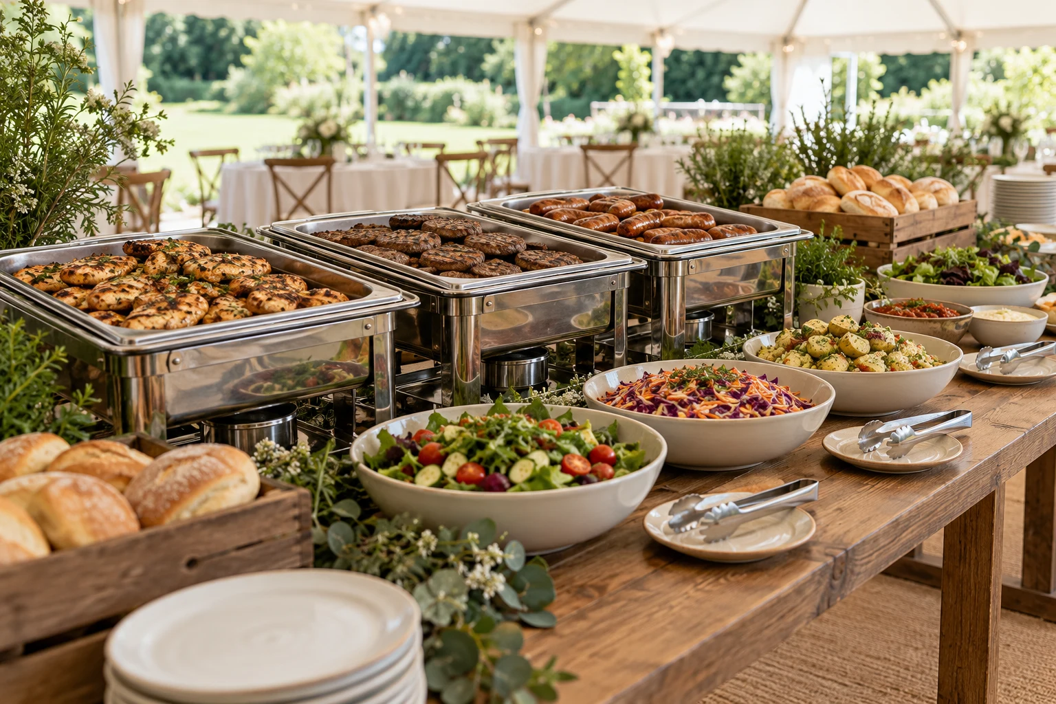 Professional BBQ buffet with grilled food and seasonal salads — illustrative image
