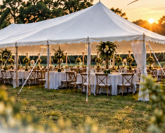 White marquee with tables and floral details in a garden at sunset